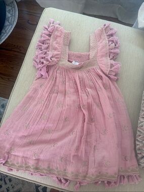 Sol Mer Pink Tassel-Trim Gauze Dress with Gold Embroidery